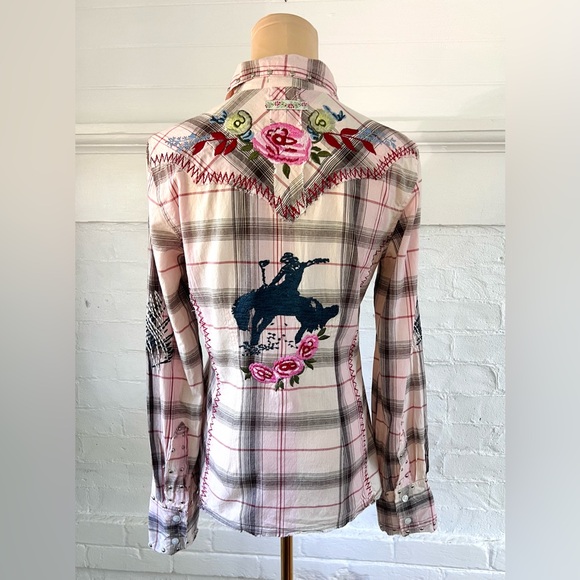 Survival Embroidered Cowgirl Shirt Pink Red and Black Plaid Boho Button Down - Picture 1 of 12